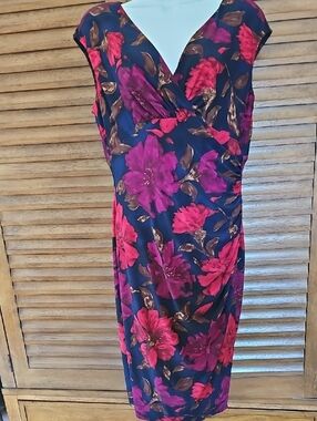 Chaps Navy Midi Dress with Pink & Magenta Floral Print